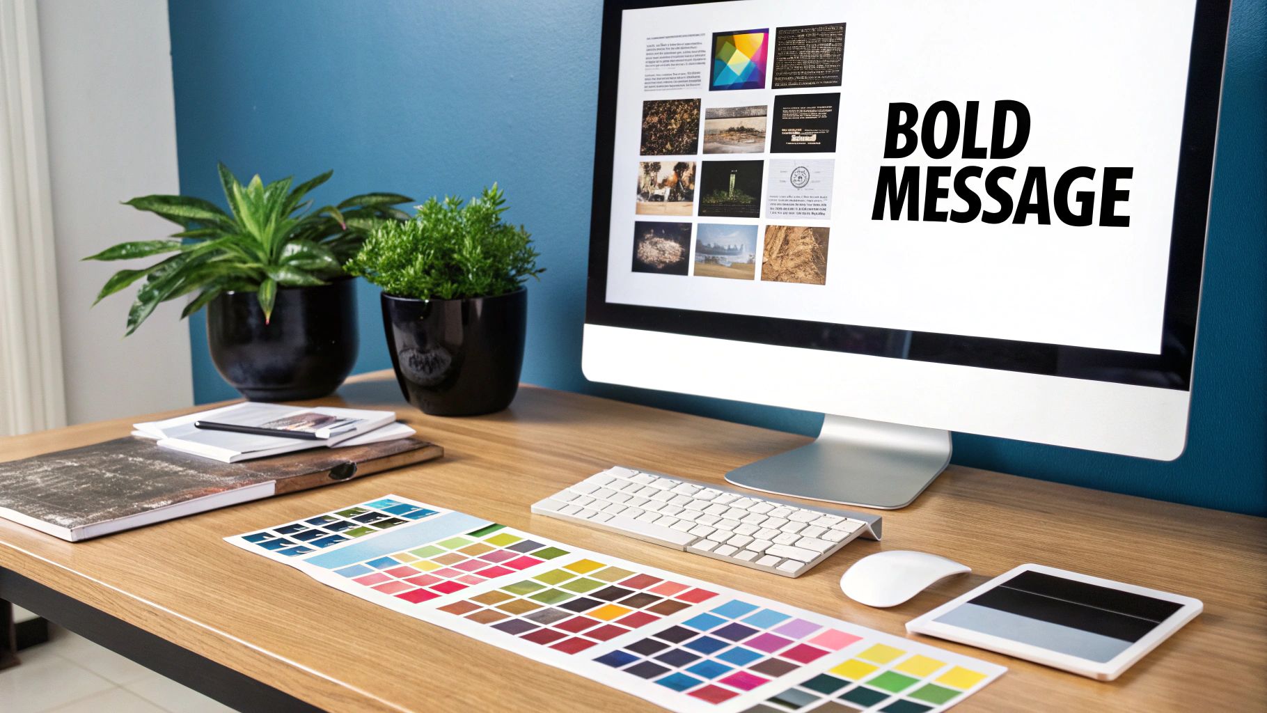 A creative workspace with a computer displaying a 'BOLD MESSAGE', plants, and design tools.