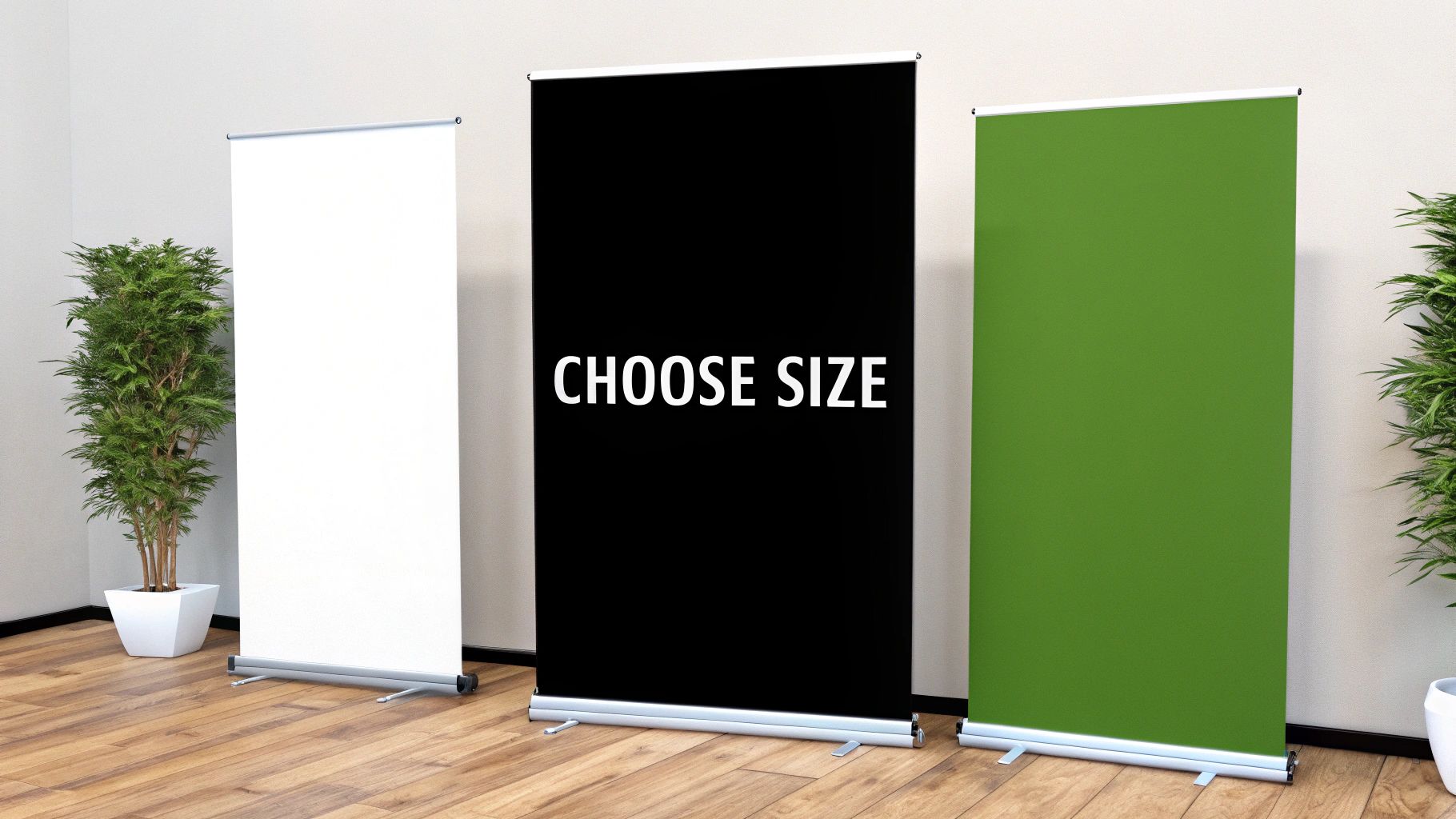 Three pull-up banners in white, black, and green demonstrating different sizes on a wooden floor.