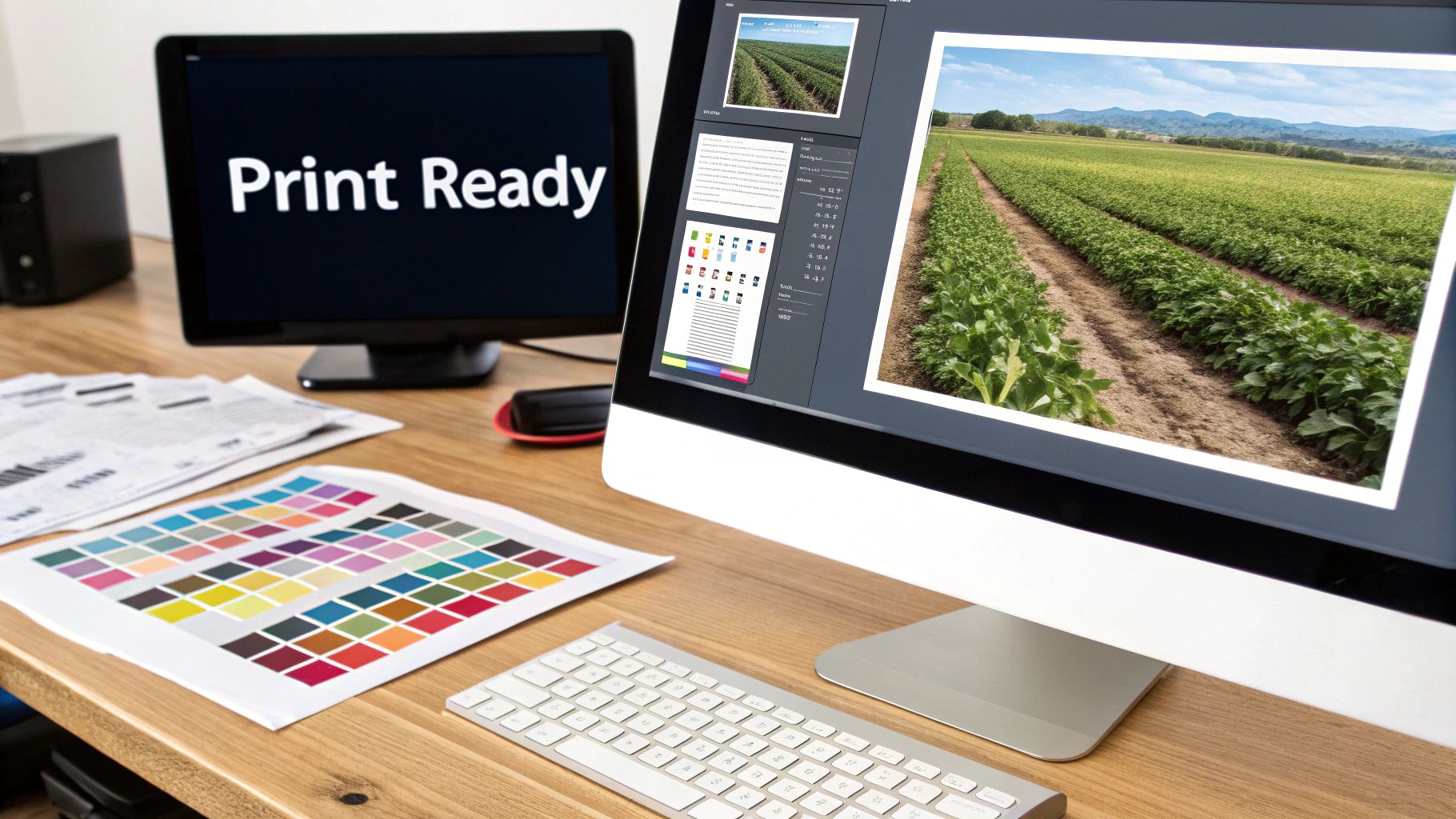 Desktop setup with two monitors, one showing 'Print Ready' and the other an image editor, plus color swatches.