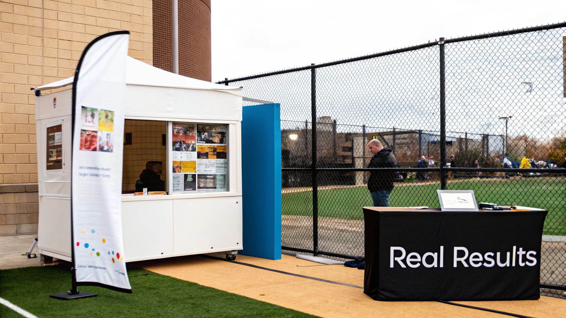 An outdoor event setup with a white marketing booth, banner, and 'Real Results' table.