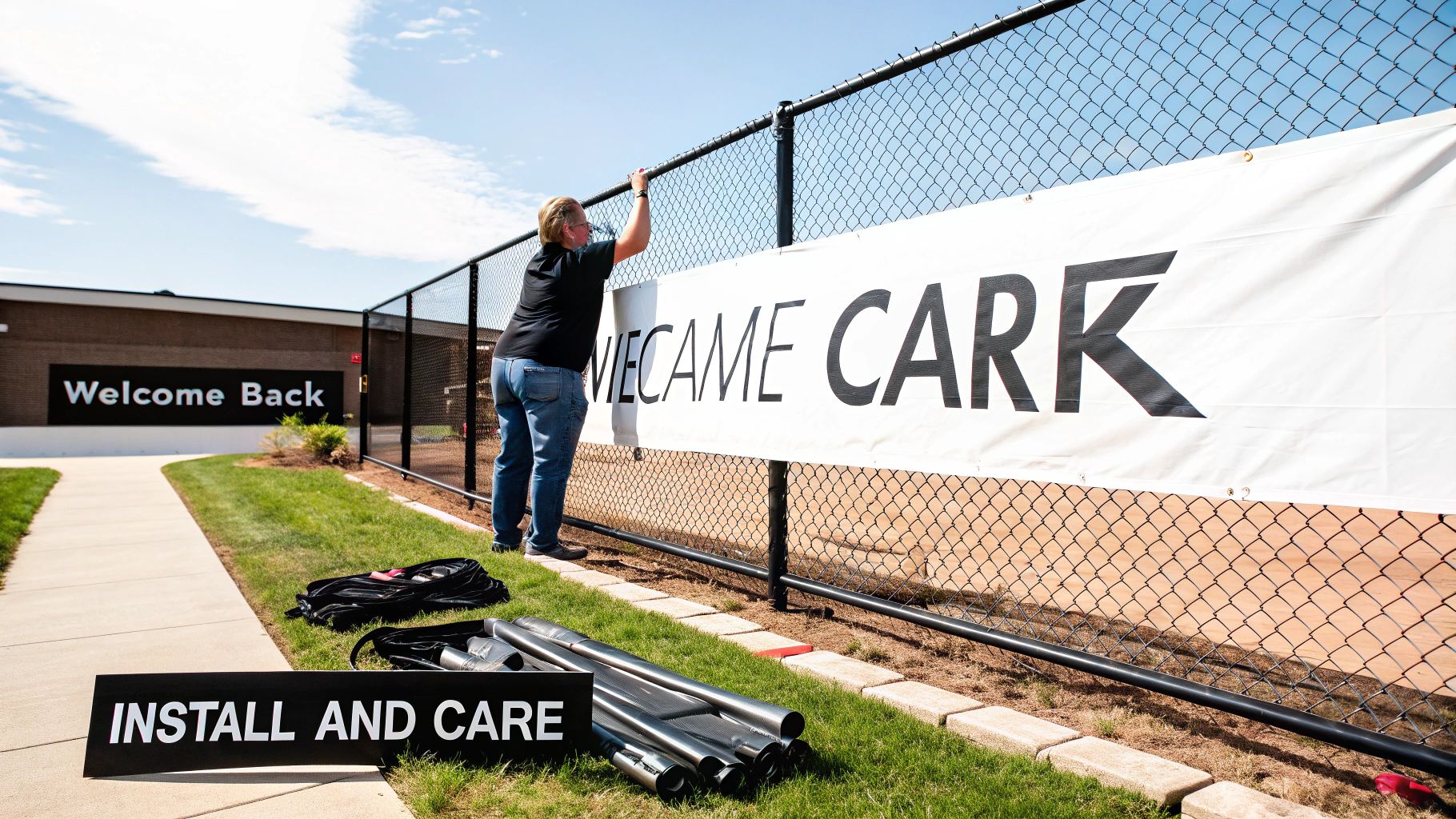 A person installs a "MECAME CARE" banner on a fence near a "Welcome Back" sign.