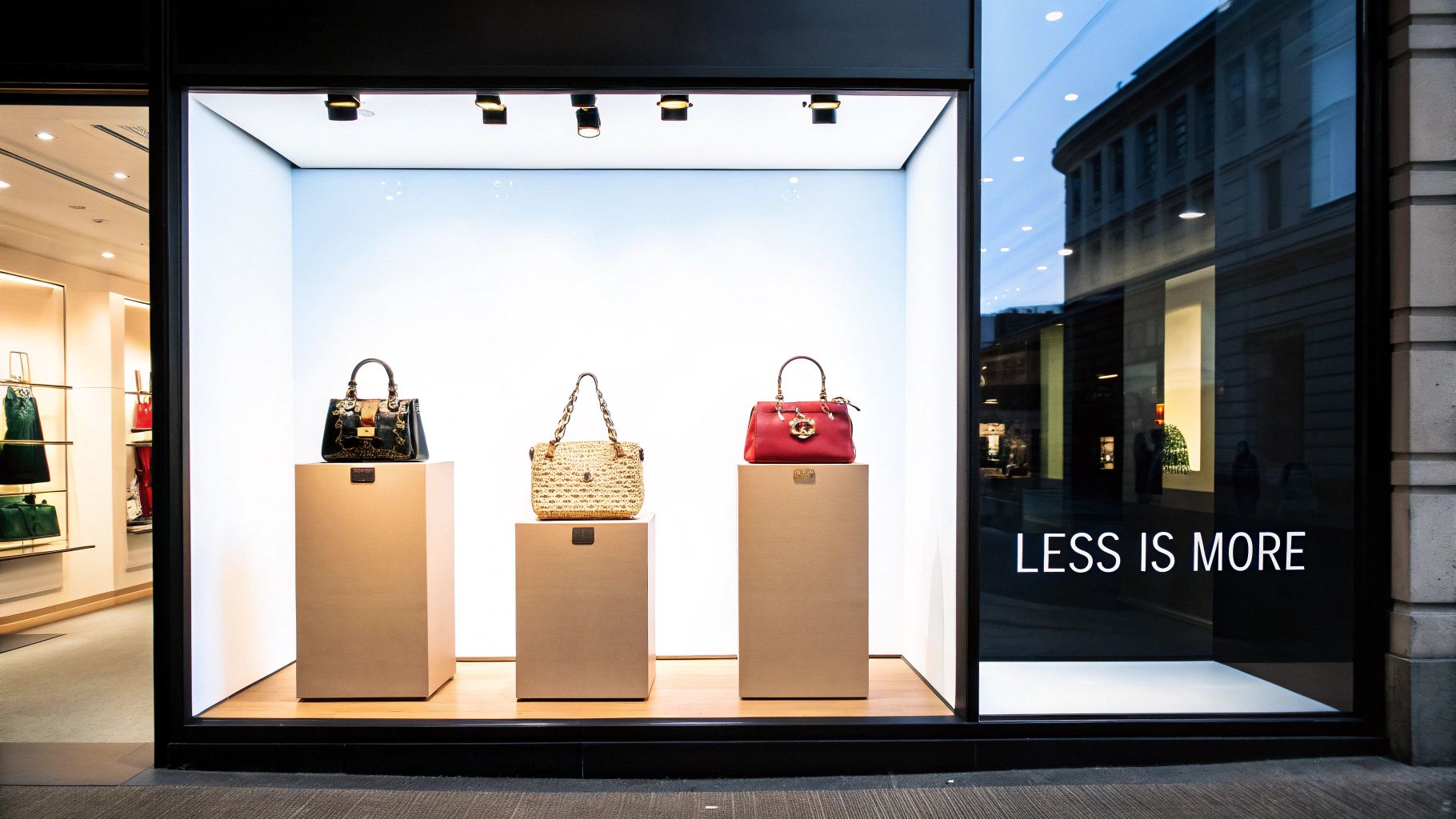 A bright luxury shop window displaying three designer handbags on individual pedestals.