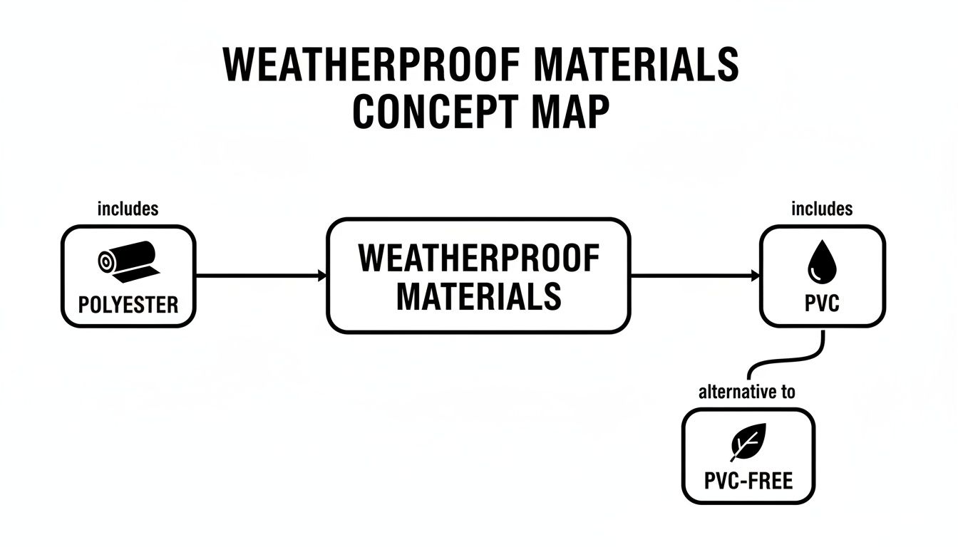 Concept map illustrating weatherproof materials, including polyester, PVC, and PVC-free alternatives.