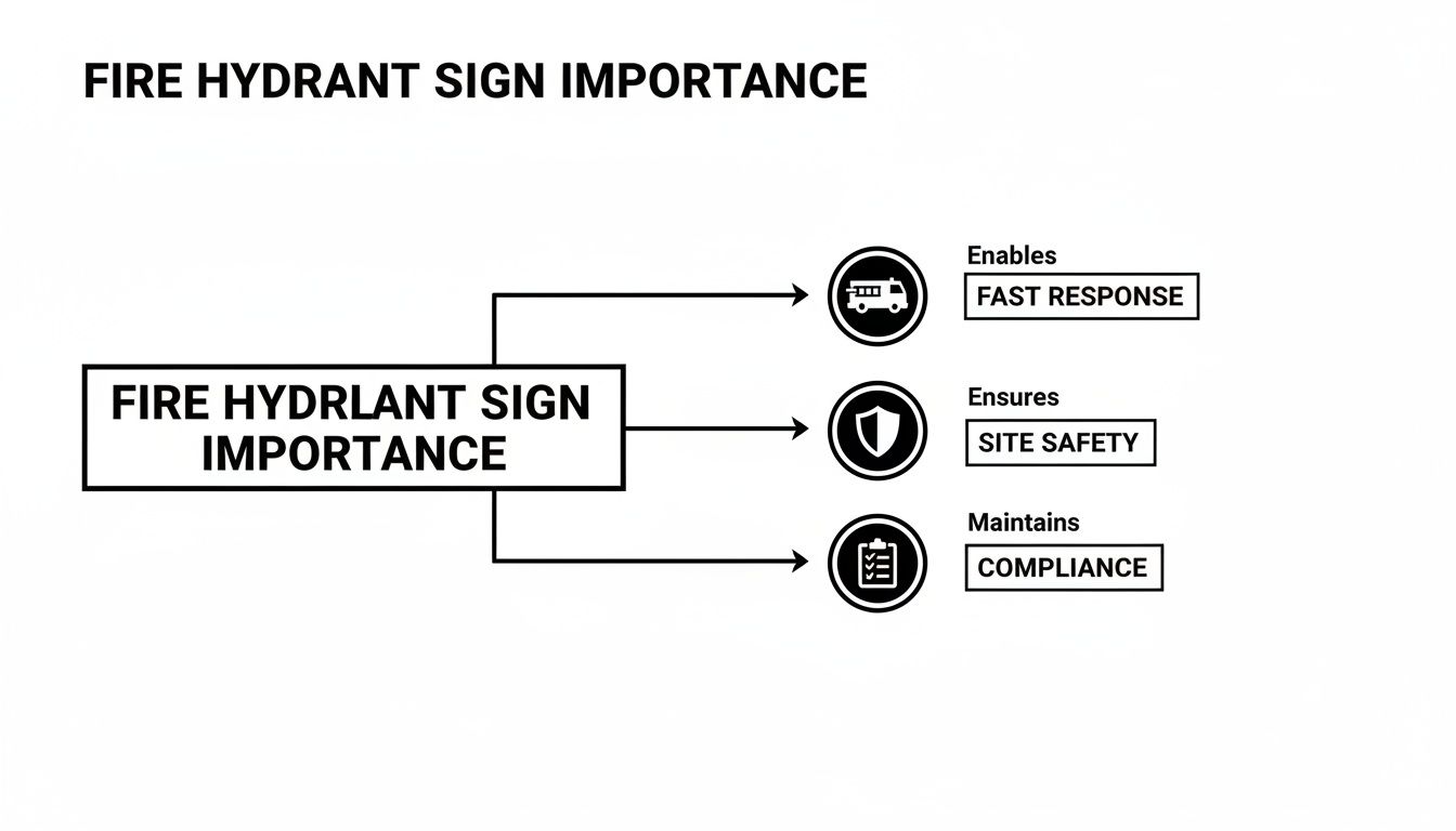Infographic highlighting the importance of fire hydrant signs for enabling fast response, ensuring site safety, and maintaining compliance.