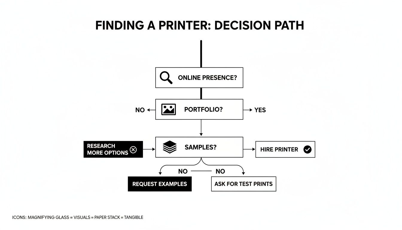 Flowchart outlining the decision path for finding a printer, covering online presence, portfolio, and samples.