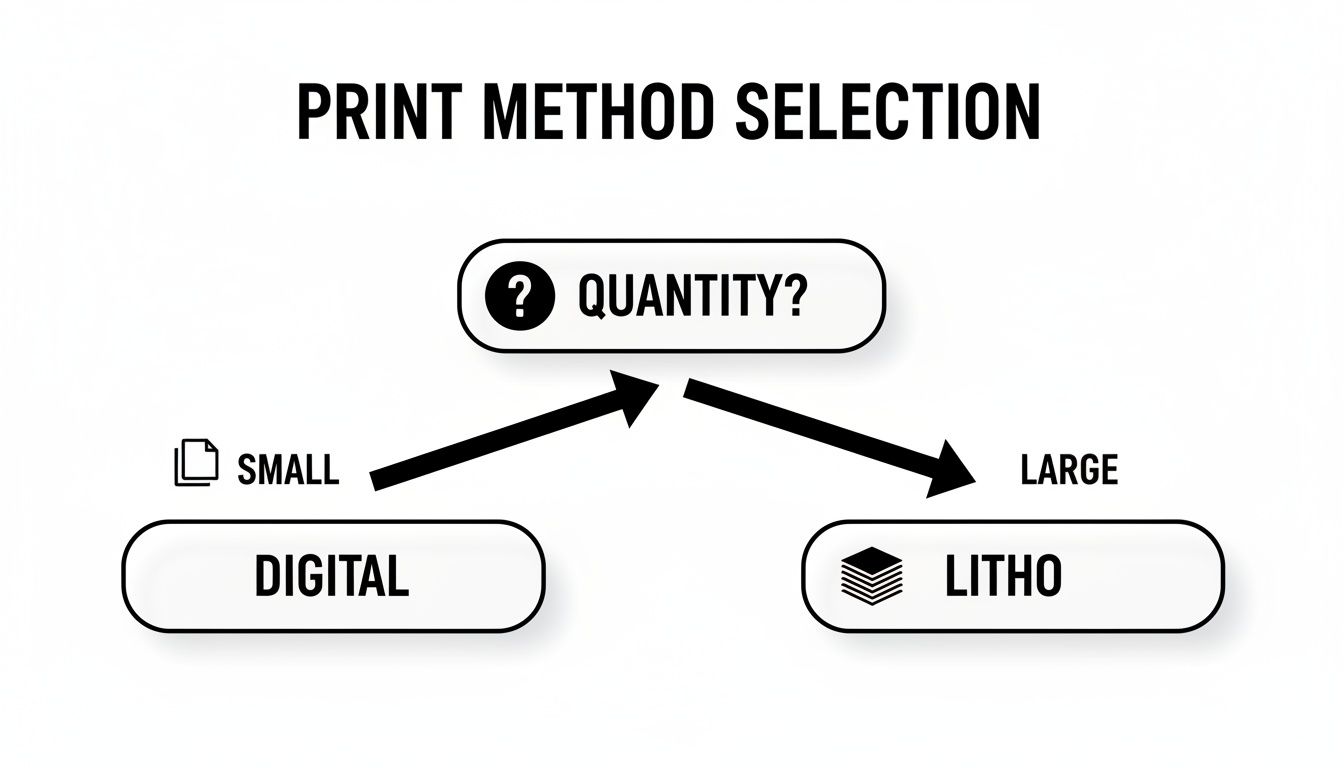 Flowchart for print method selection based on quantity, recommending digital for small and litho for large.
