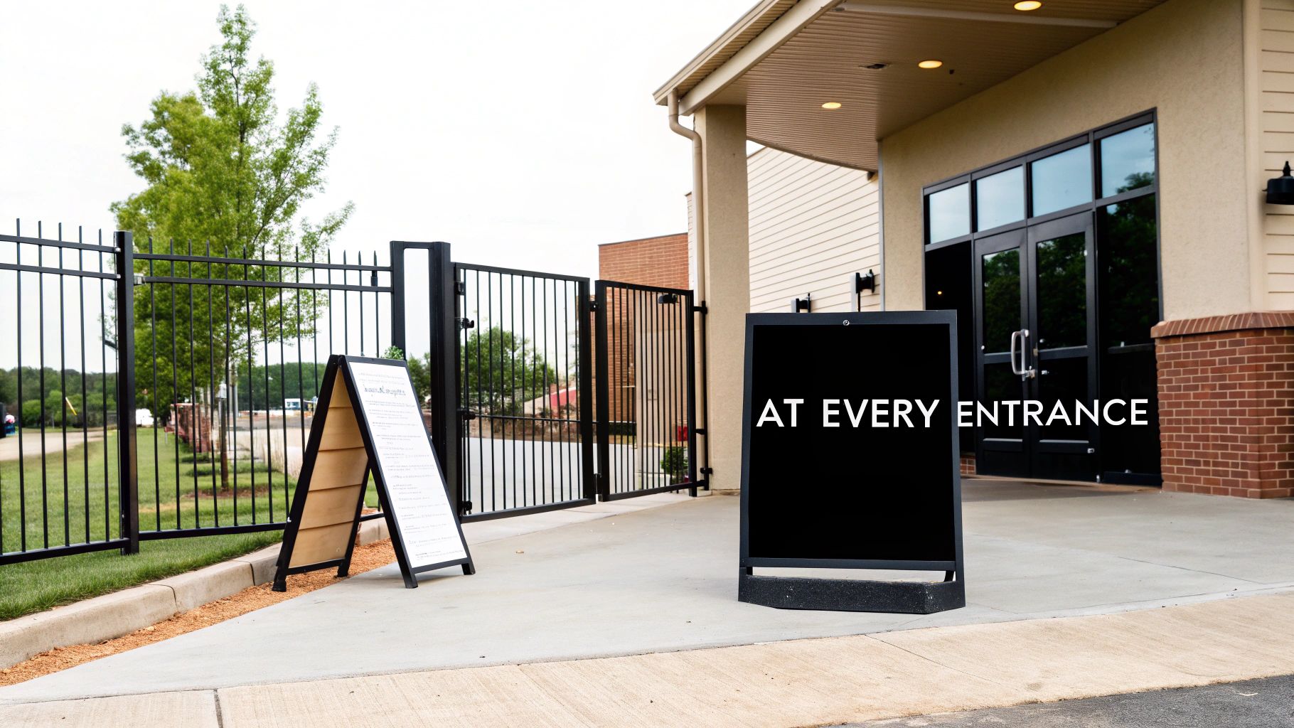 A building entrance with a black fence, gate, and two A-frame signs, one displaying 'AT EVERY ENTRANCE'.