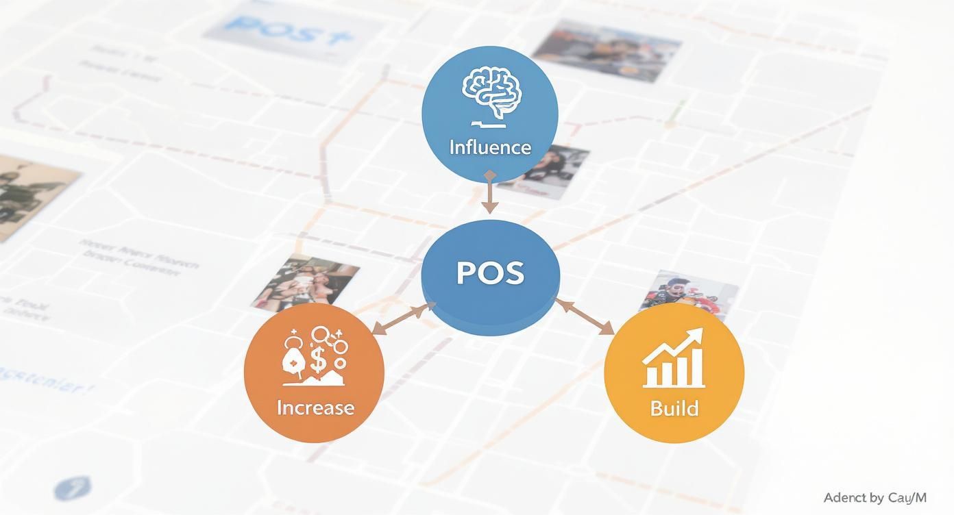 Diagram showing 'Influence' connecting to central 'POS', which branches to 'Increase' and 'Build'.