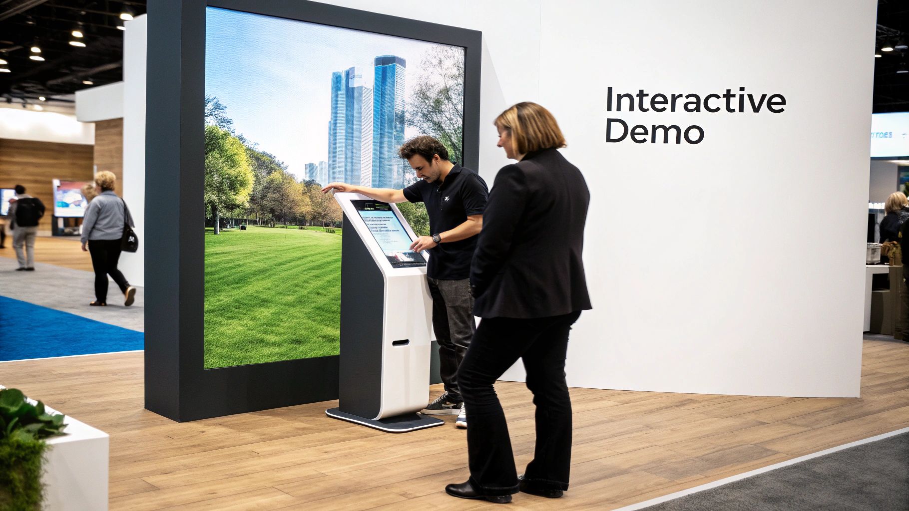 Two people explore an interactive demo screen and large digital display at a busy trade show.