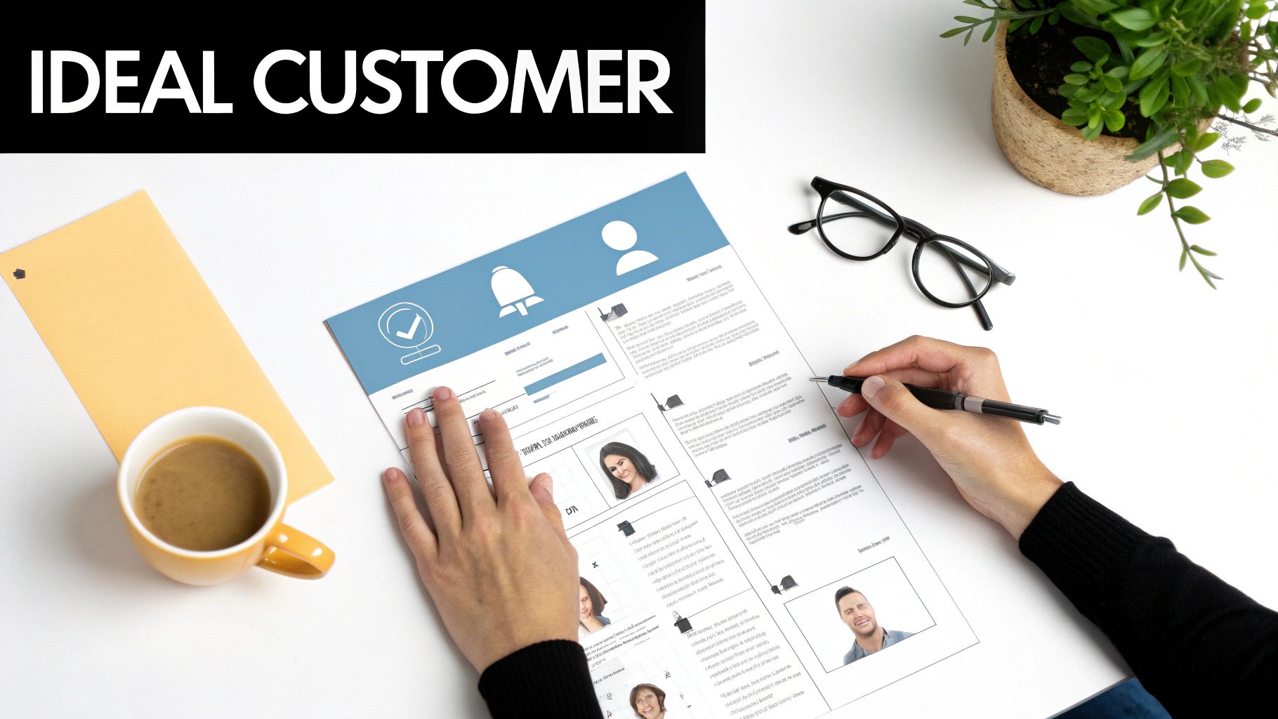 Hands reviewing an 'IDEAL CUSTOMER' document with profiles, coffee, and glasses on a white desk.