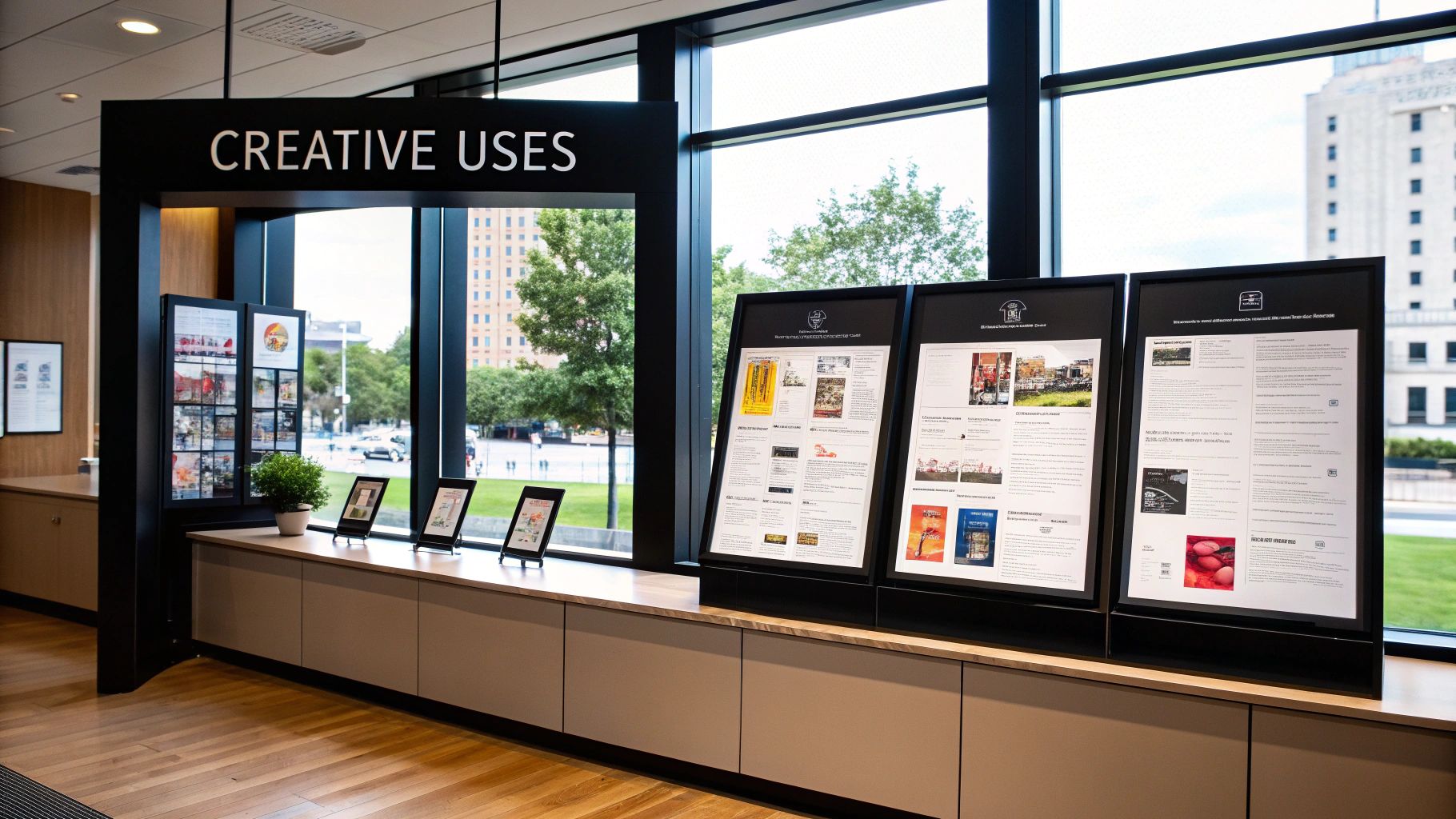 An exhibition space with large windows, featuring "Creative Uses" posters and a small plant.