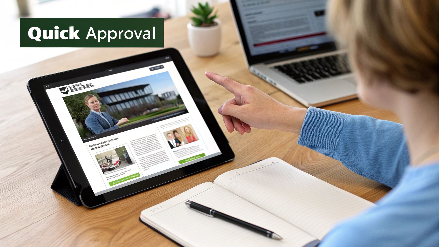 Person's hand pointing at a tablet displaying a website with 'Quick Approval' text, signifying efficient online business processes.