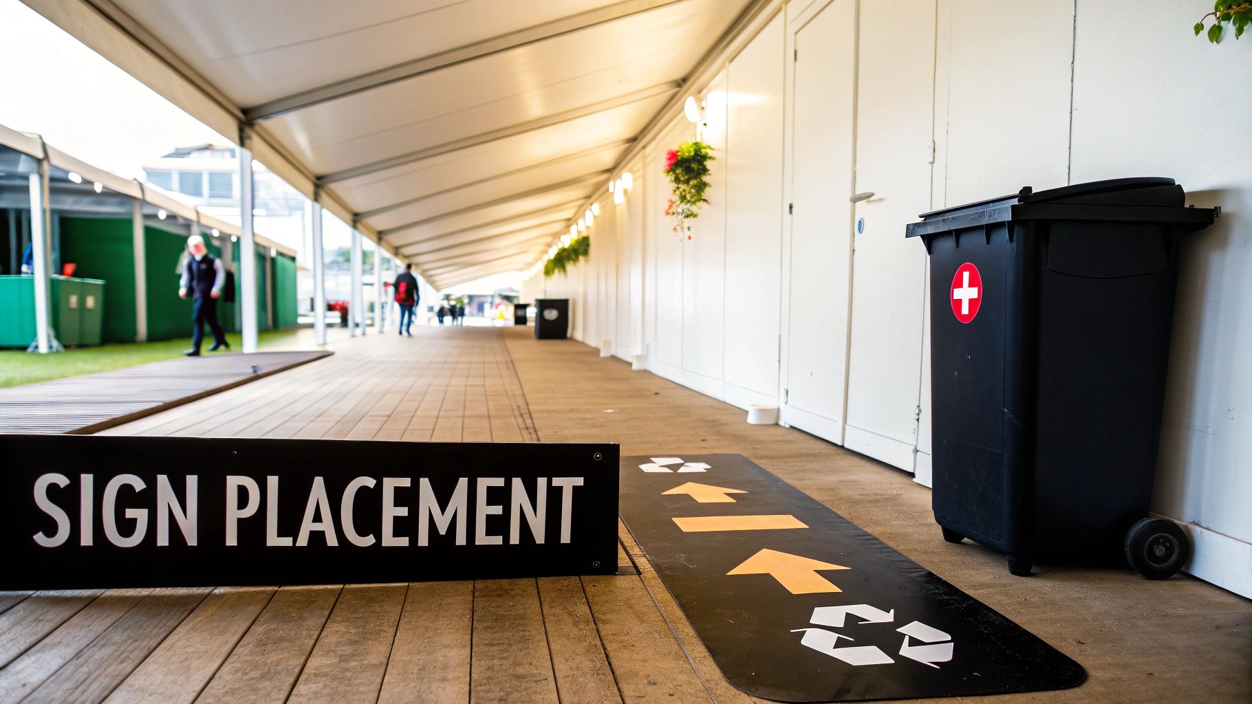 A long covered walkway with a 'SIGN PLACEMENT' board, recycling arrows, and a medical waste bin.