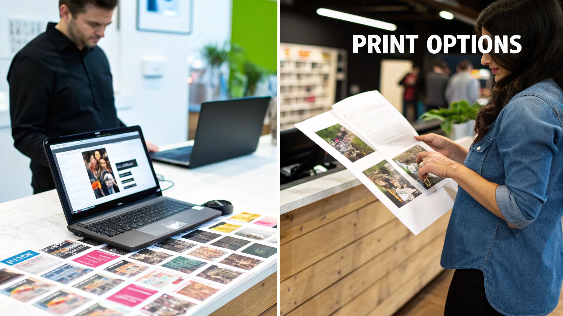 Two people engaging with print services, one using a laptop, the other reviewing a brochure with images.