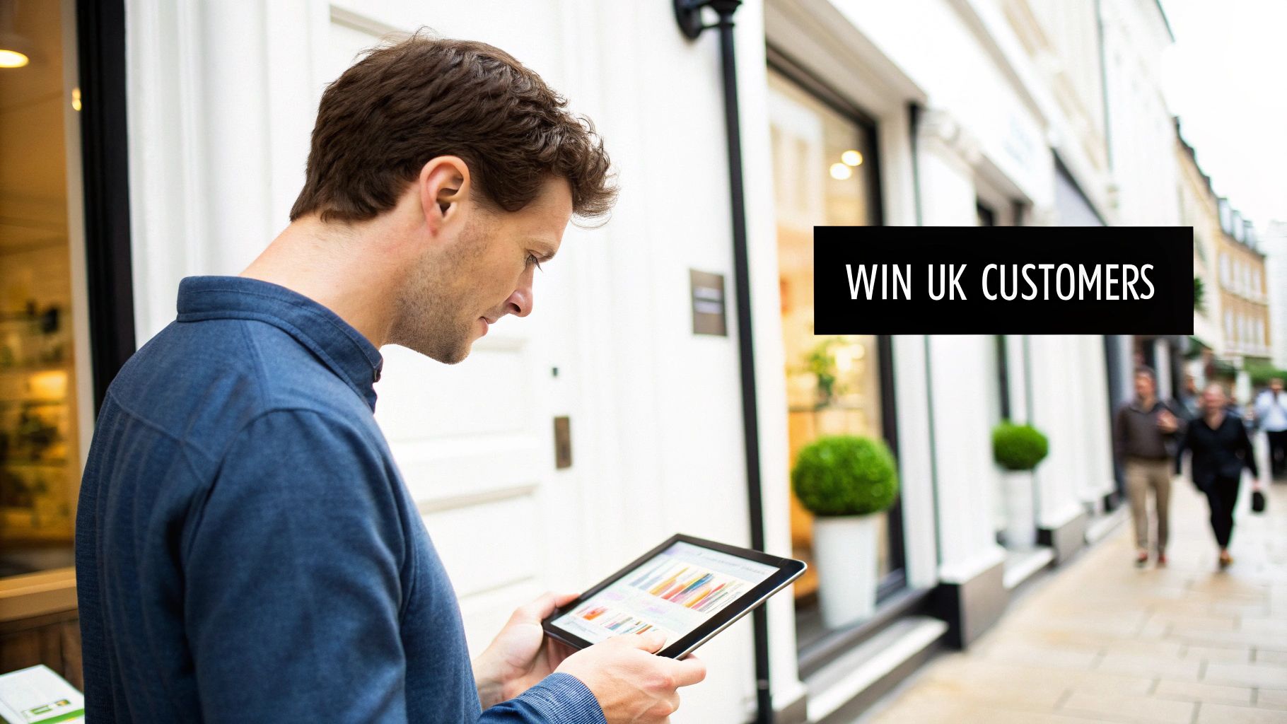 A man uses a tablet to analyze data on a busy street, with a banner stating 'WIN UK CUSTOMERS'.
