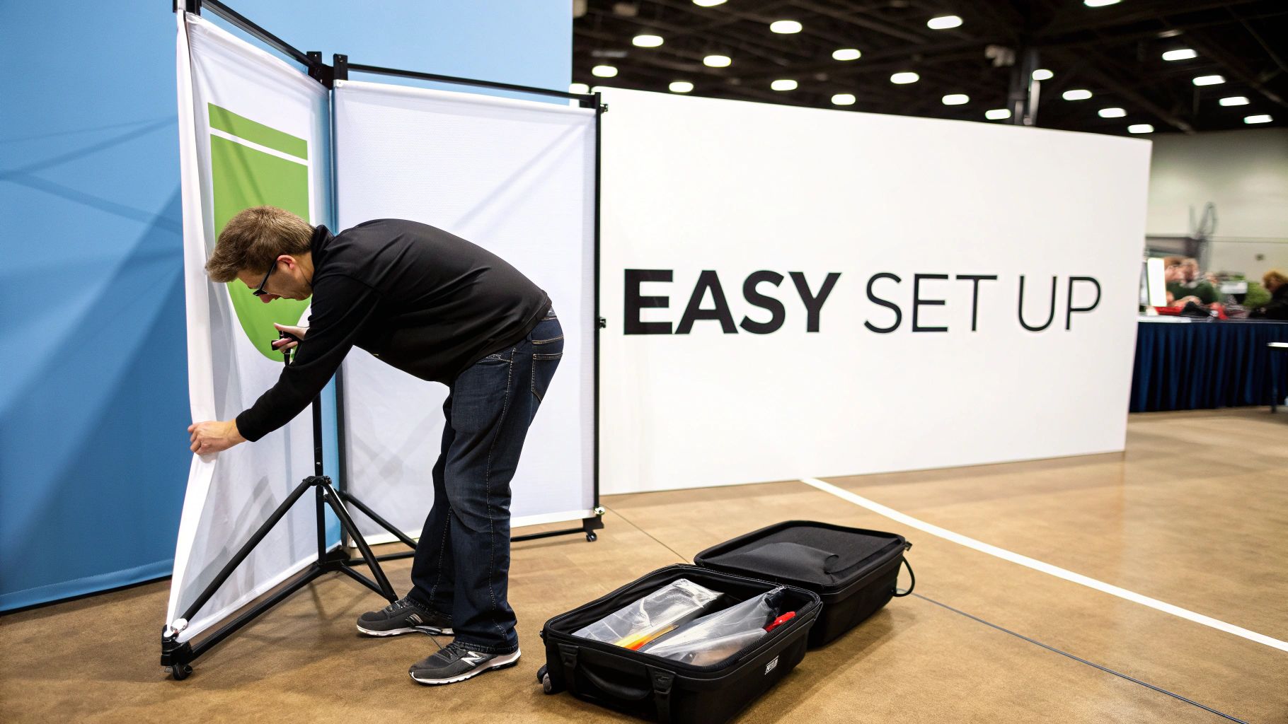 A man in a black shirt and jeans sets up a white display stand with green graphics at an exhibition.