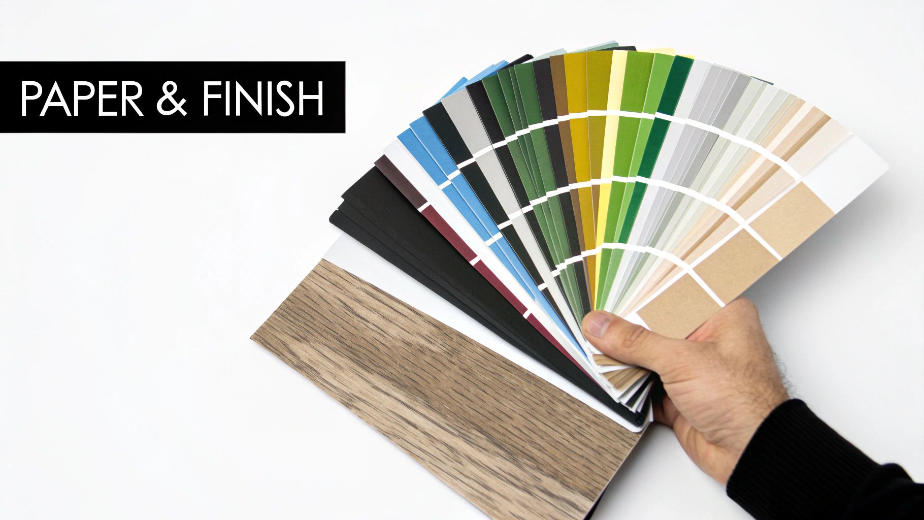 A hand holds a large fan of color swatches and wood material samples for paper and finish options.