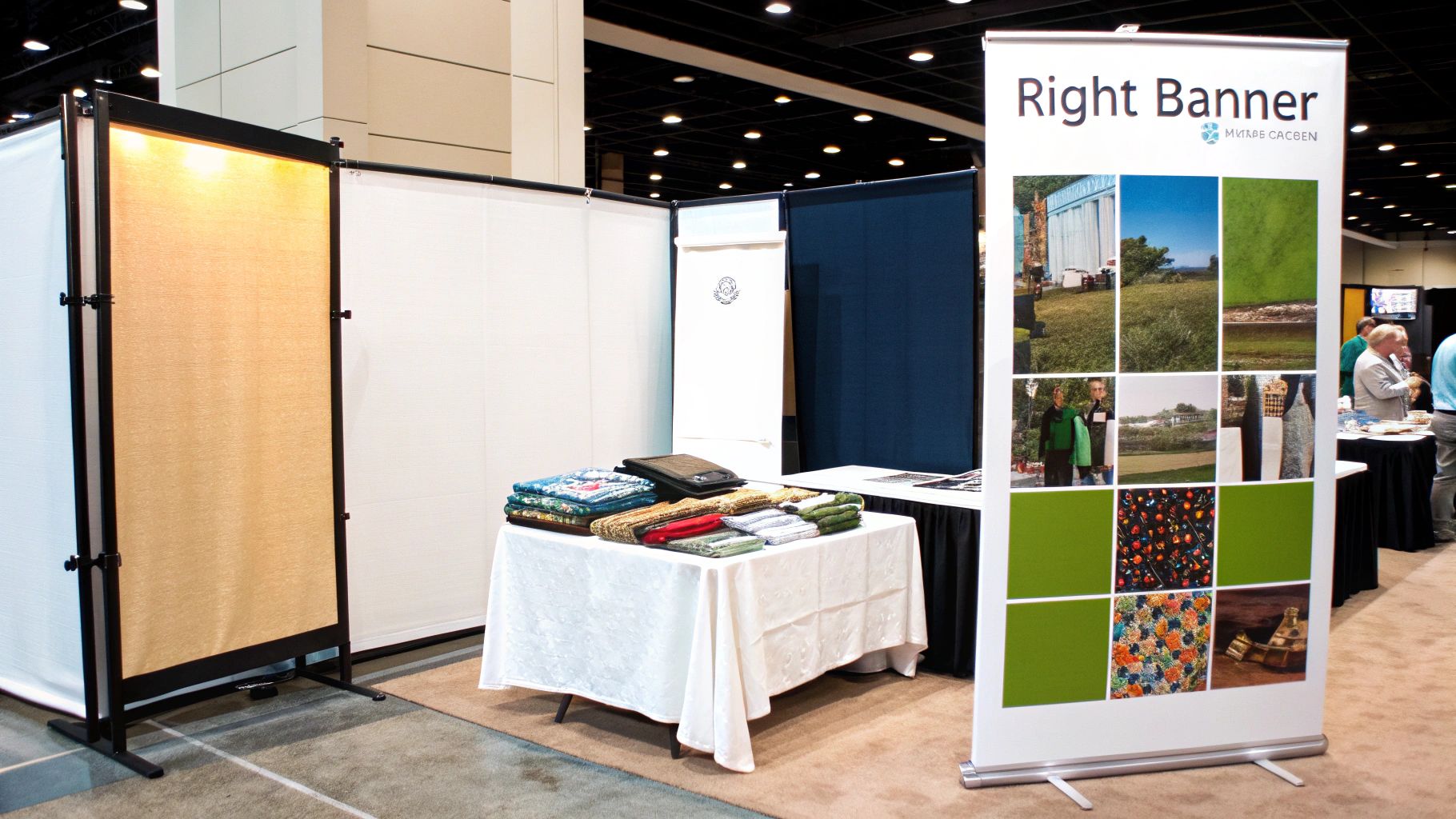 A trade show booth featuring a large promotional banner, a table with various textile products, and display walls.