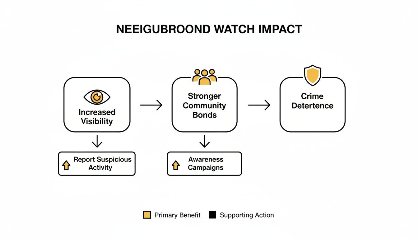 A flowchart illustrates how a neighbourhood watch fosters increased visibility and stronger community bonds, leading to crime deterrence.