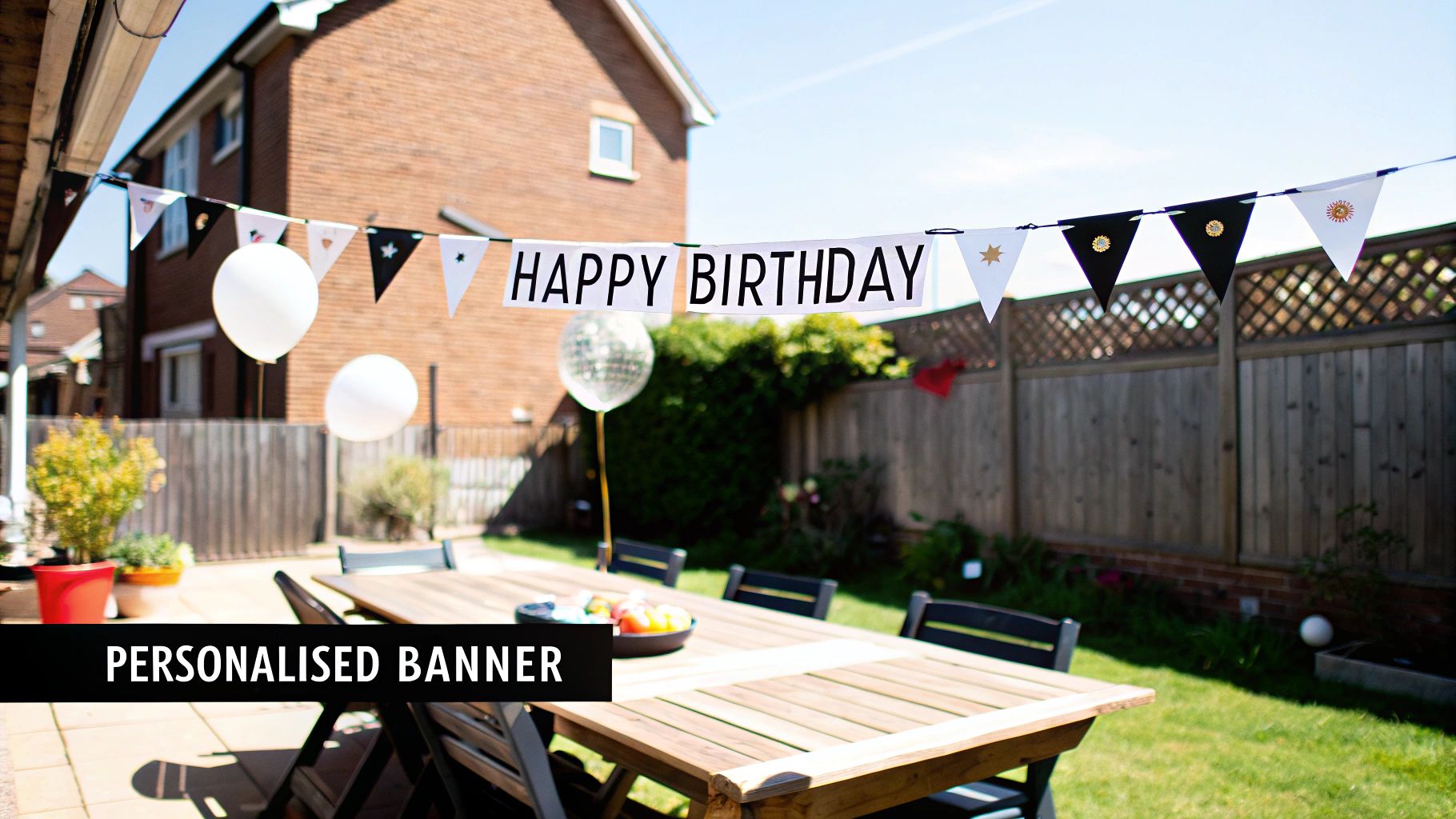 A personalised 'Happy Birthday' banner in black and white hangs over a sunny garden patio with balloons.