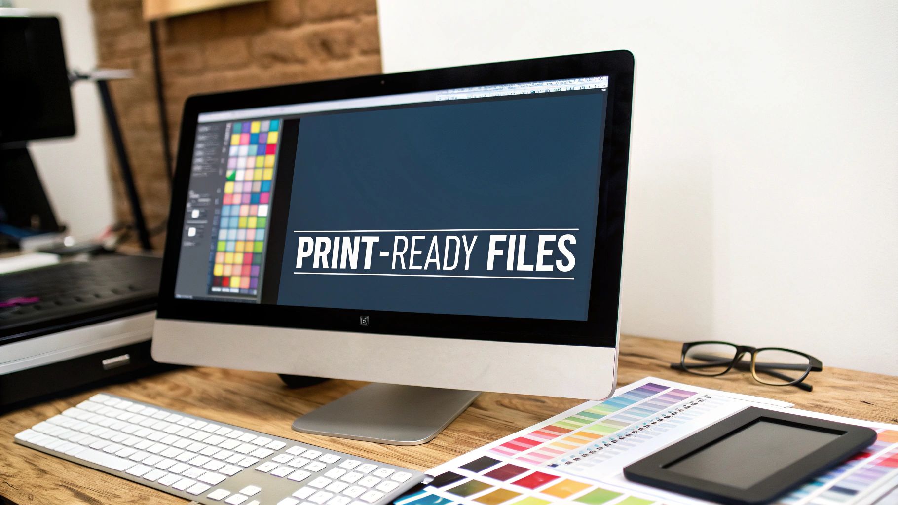 A computer screen displays 'PRINT-READY FILES' on a desk with design tools and color swatches.