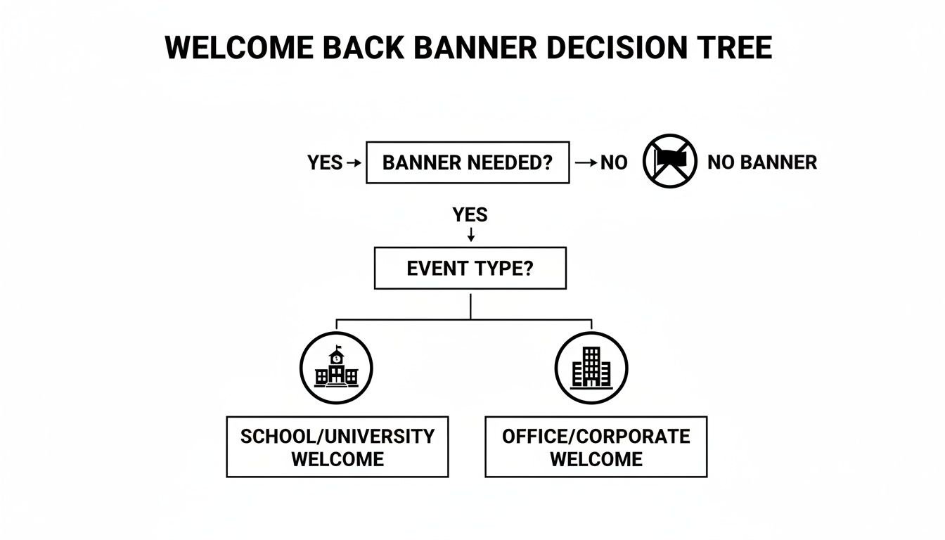 Decision tree for welcome back banners, guiding users to school, university, or office welcome types.