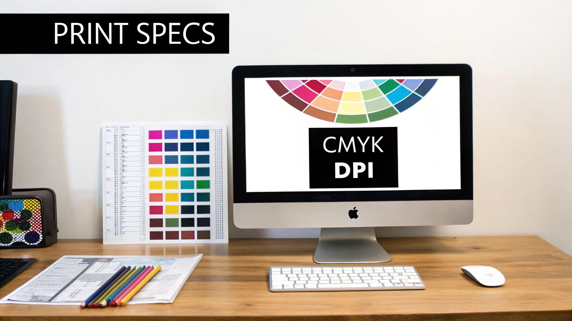 A print design workspace featuring a computer displaying CMYK and DPI, along with color swatches and pencils.