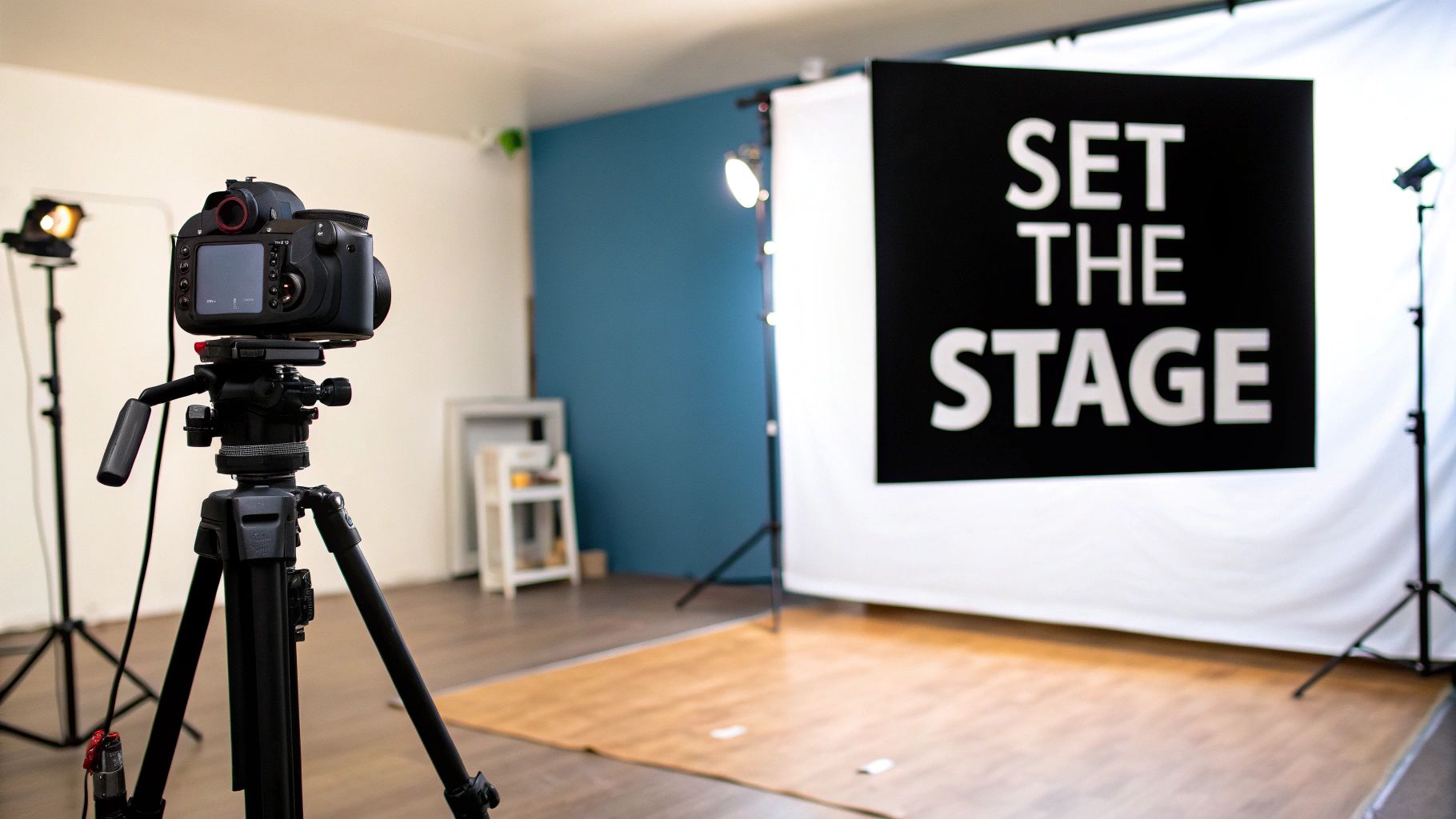 A photography studio setup with a camera on a tripod, lights, and a 'SET THE STAGE' backdrop.