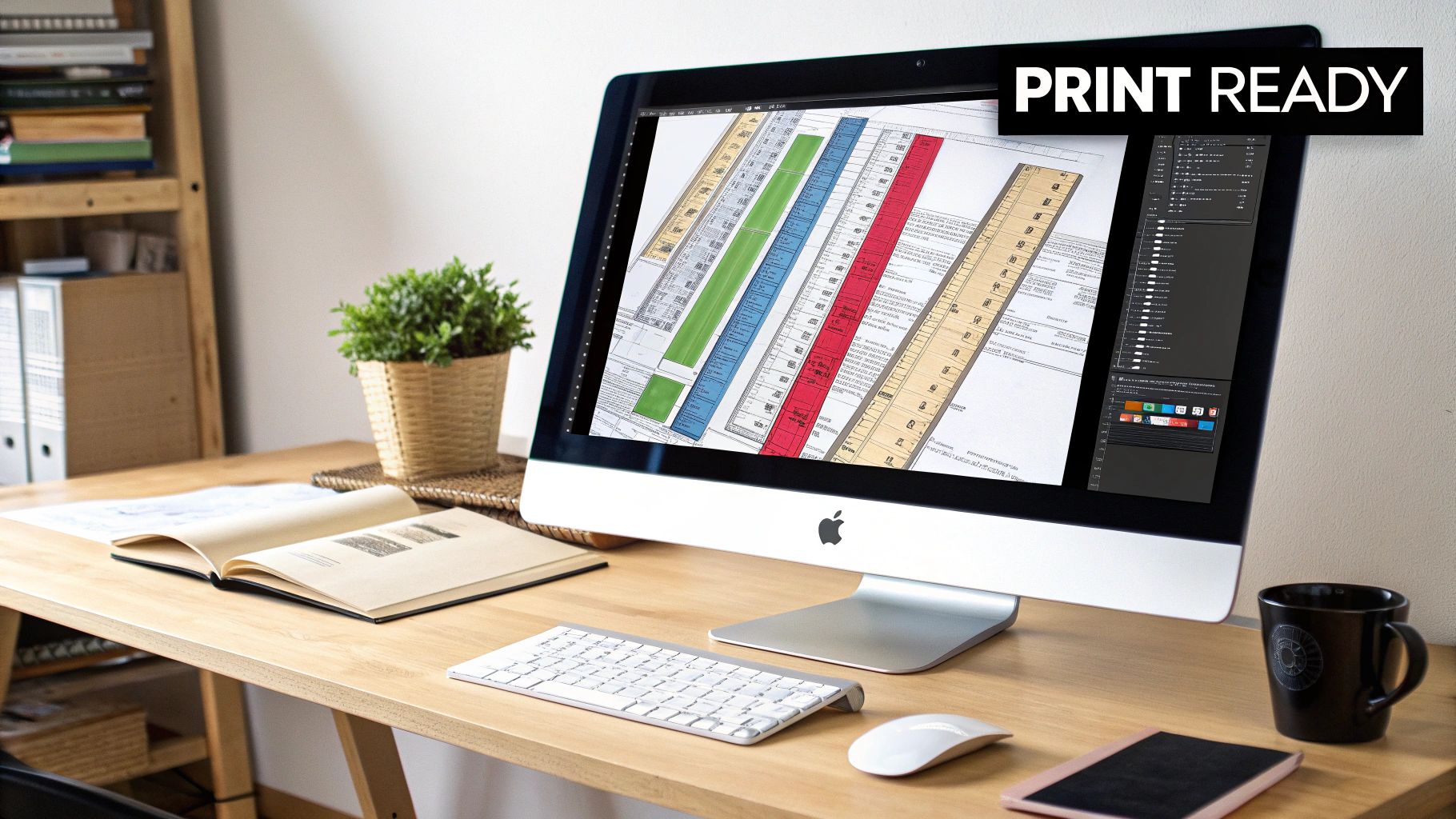 Modern workspace featuring an iMac with measurement designs, keyboard, mouse, book, and plant.