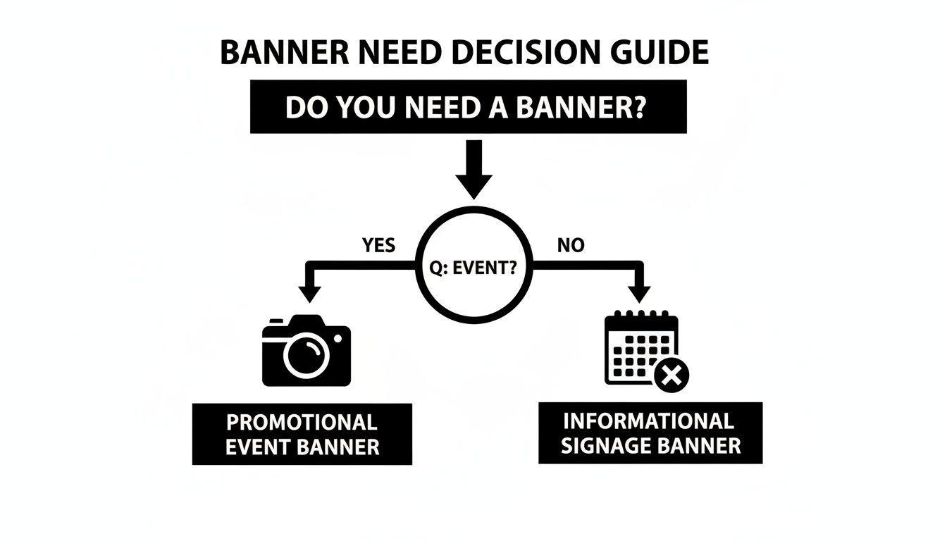 A decision guide flowchart helps determine if a promotional event banner or informational signage banner is needed.