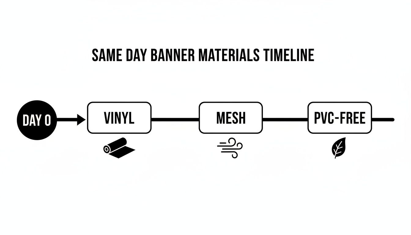 Timeline graphic showing same day banner materials options: Vinyl, Mesh, and PVC-Free, starting from Day 0.