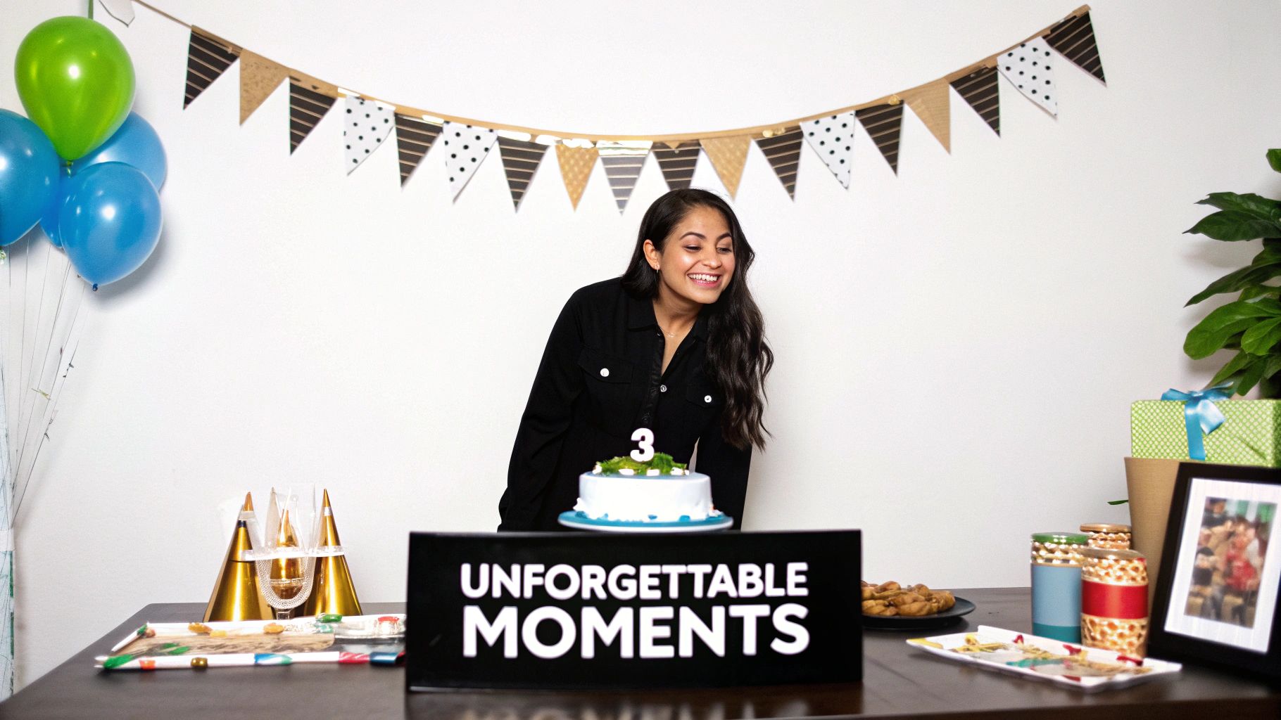 A young woman smiles happily behind a table with a birthday cake, balloons, and a festive banner.