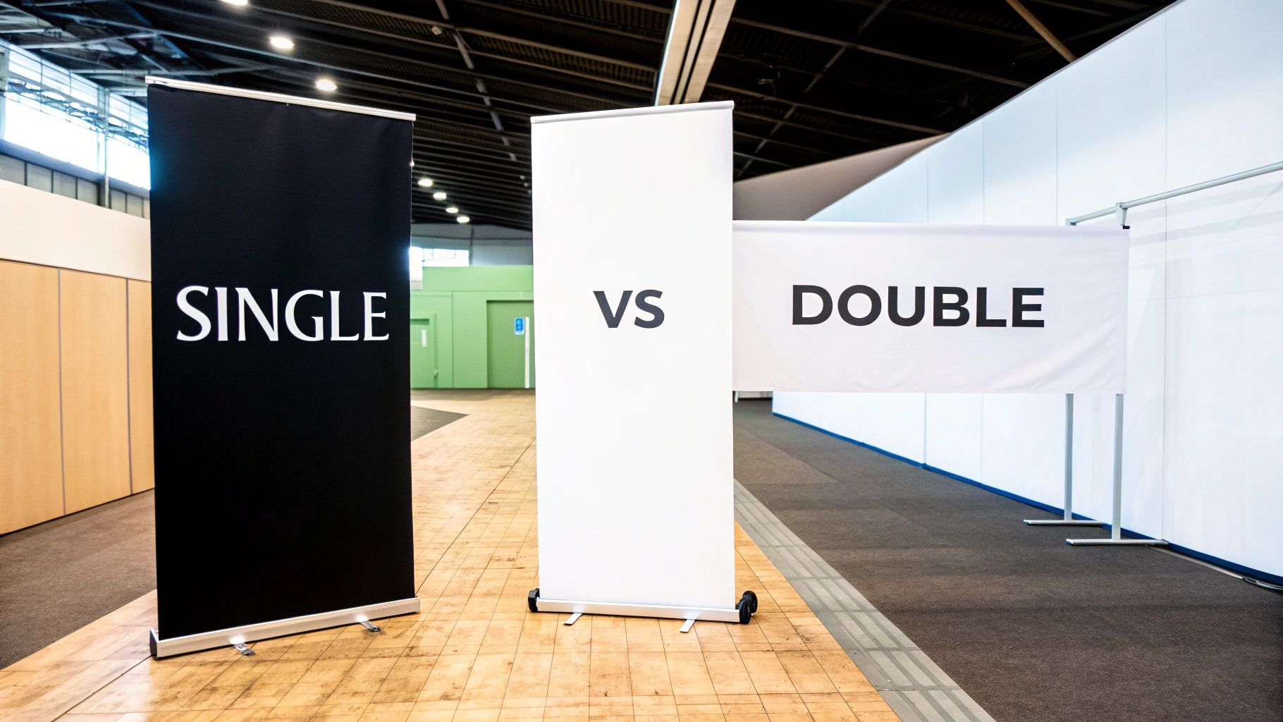 Three display banners comparing 'SINGLE' vs. 'DOUBLE' in an exhibition hall.