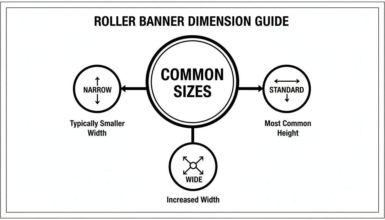 A roller banner dimension guide illustrating common sizes: Narrow, Standard, and Wide options.
