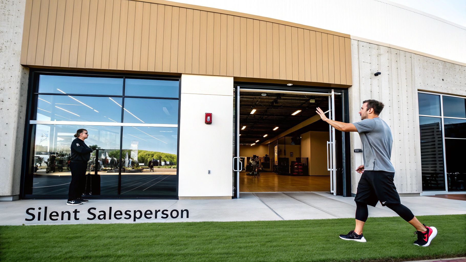A man jogs towards a modern gym entrance as a person looks out from behind a large window.