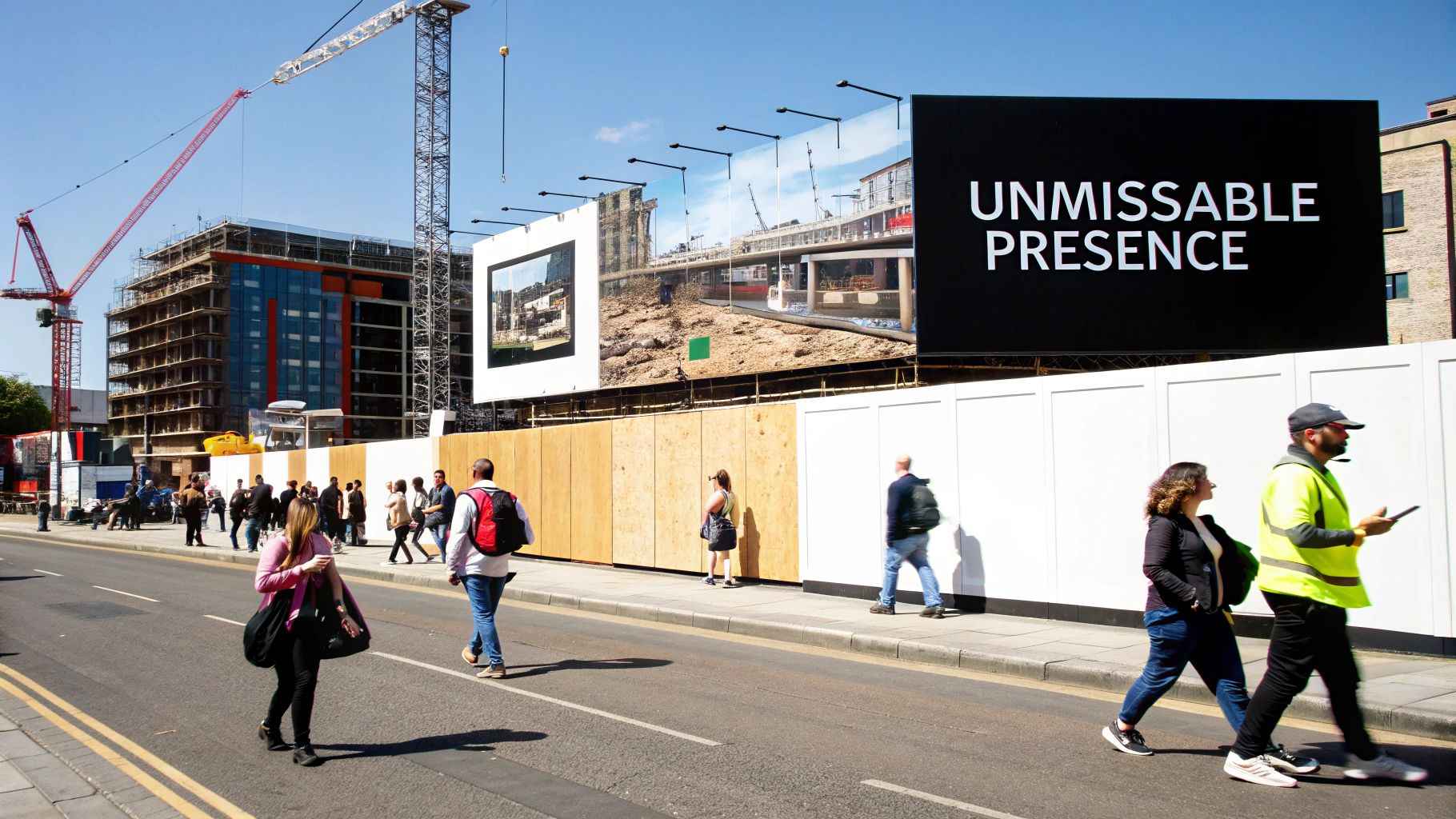 People walk past large construction hoardings featuring advertisements and a visible building site with cranes.