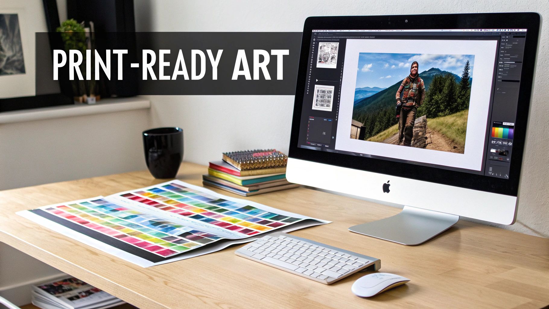 A design workspace featuring an iMac displaying print-ready art, color swatches, and design tools.