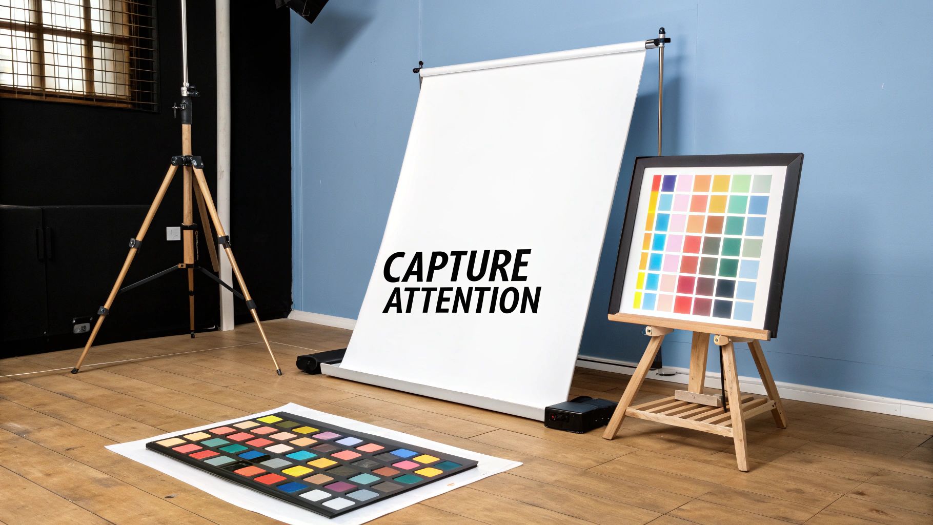 A professional photo studio setup with a white banner displaying "CAPTURE ATTENTION," a tripod, and color calibration charts.