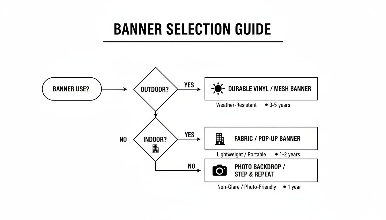 Flowchart guiding banner selection based on indoor or outdoor use, recommending durable vinyl, fabric, or photo backdrop options.