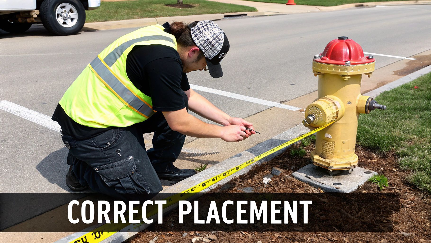 A worker in a safety vest kneels, measuring the distance to a yellow fire hydrant.