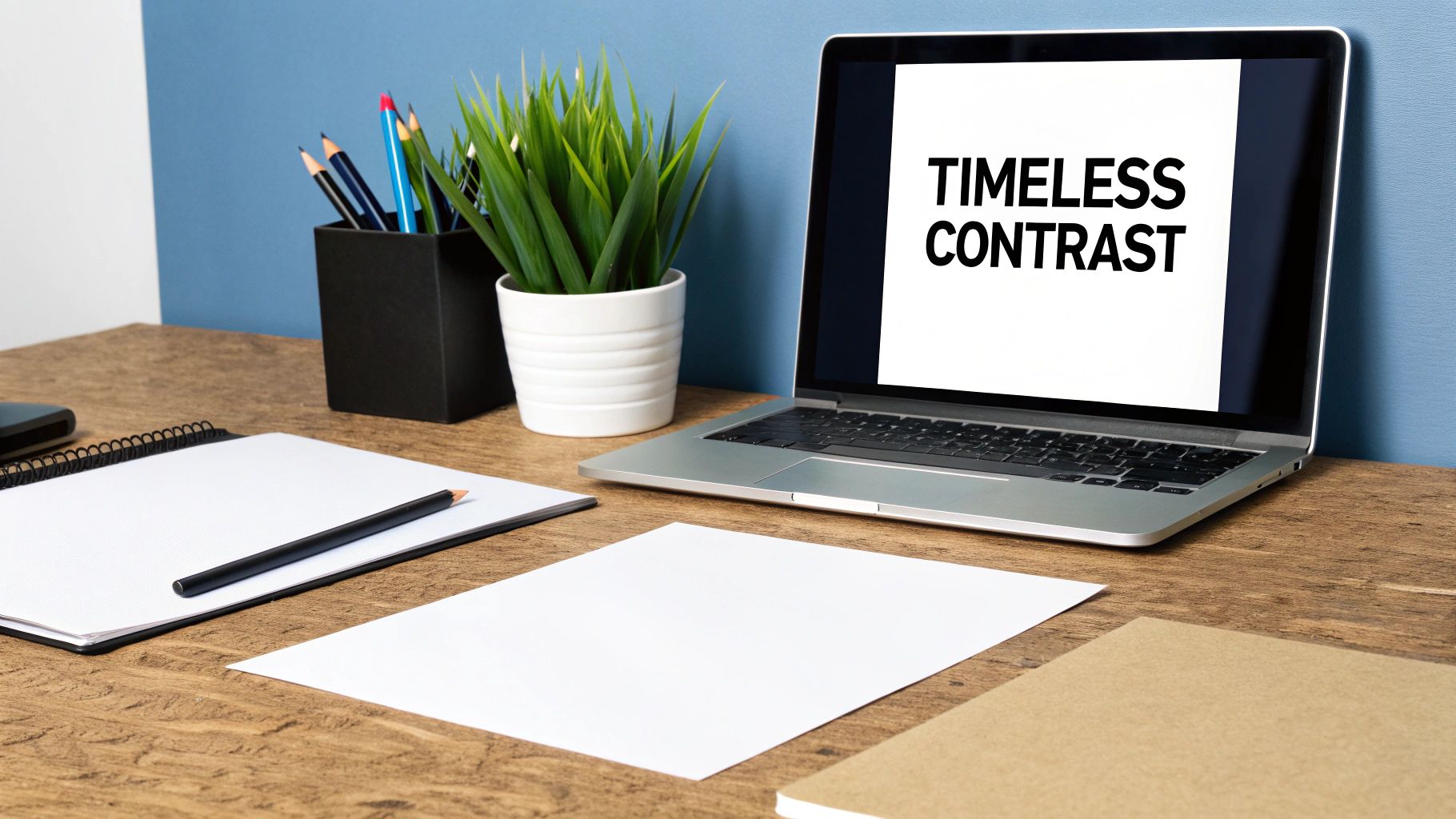 A tidy wooden desk with a laptop displaying 'TIMELESS CONTRAST', a plant, and stationery.