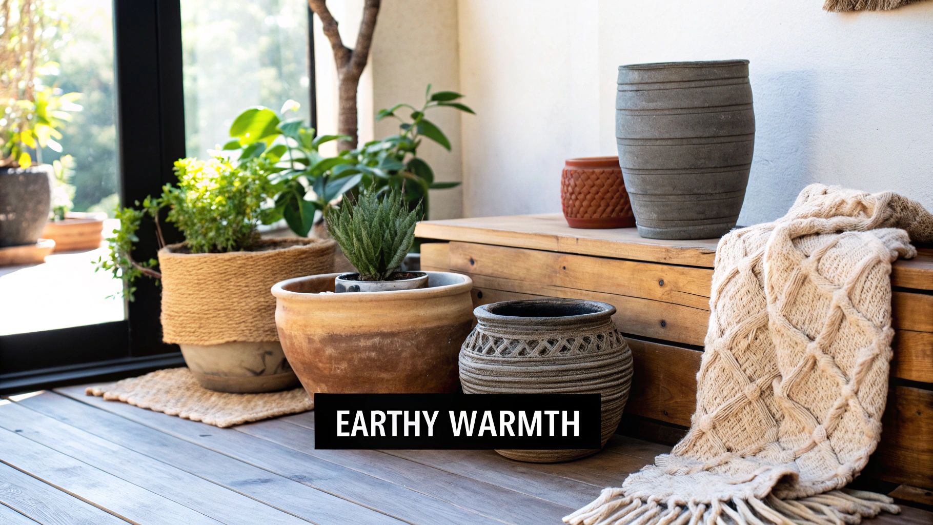 A cozy indoor scene featuring several potted plants in natural, textured pots, a wooden bench, and a knitted blanket.