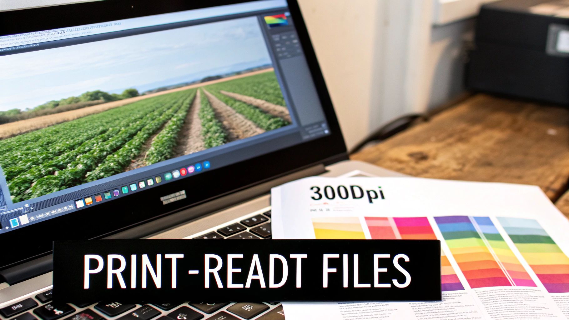 Laptop displaying a field image, a 'PRINT-READY FILES' label, and a color chart with '300Dpi'.