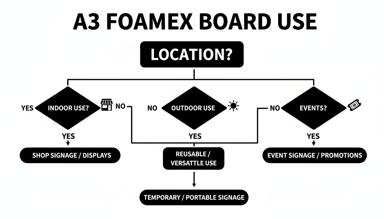 A flowchart detailing the versatile applications of A3 Foamex boards for various uses.