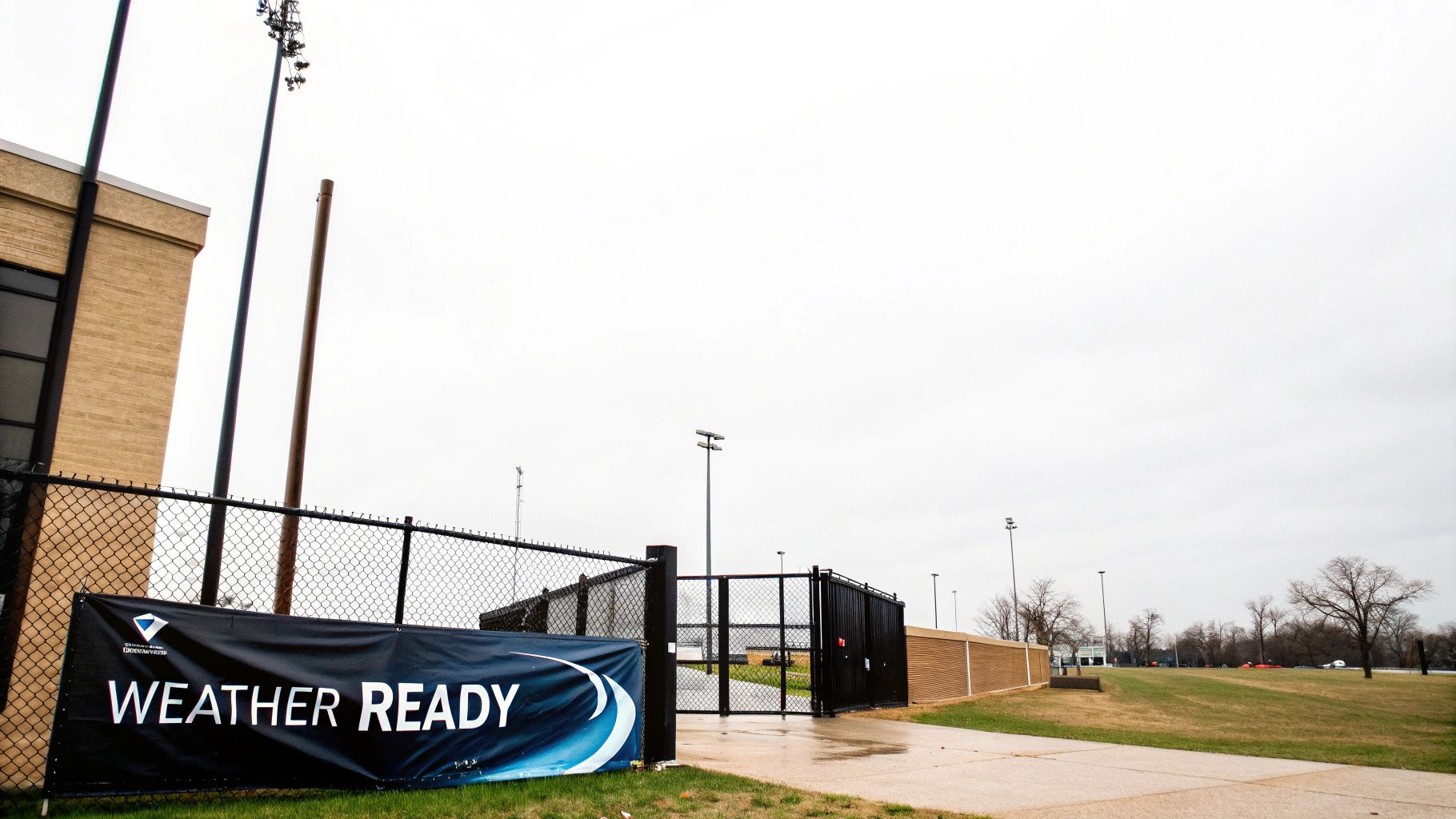 A black "WEATHER READY" banner displayed on a chain-link fence at an outdoor sports facility under a cloudy sky.
