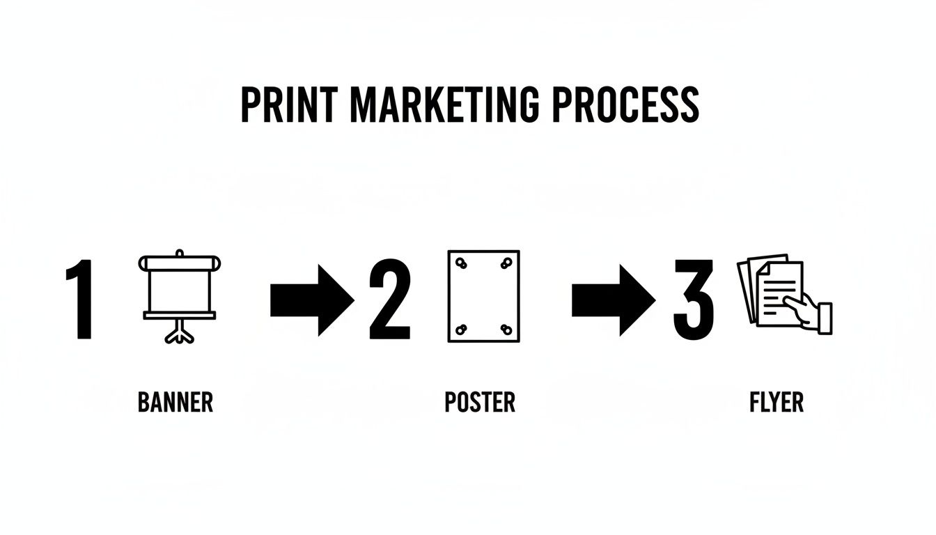 A print marketing process diagram with three steps: banner, poster, and flyer production, connected by arrows.
