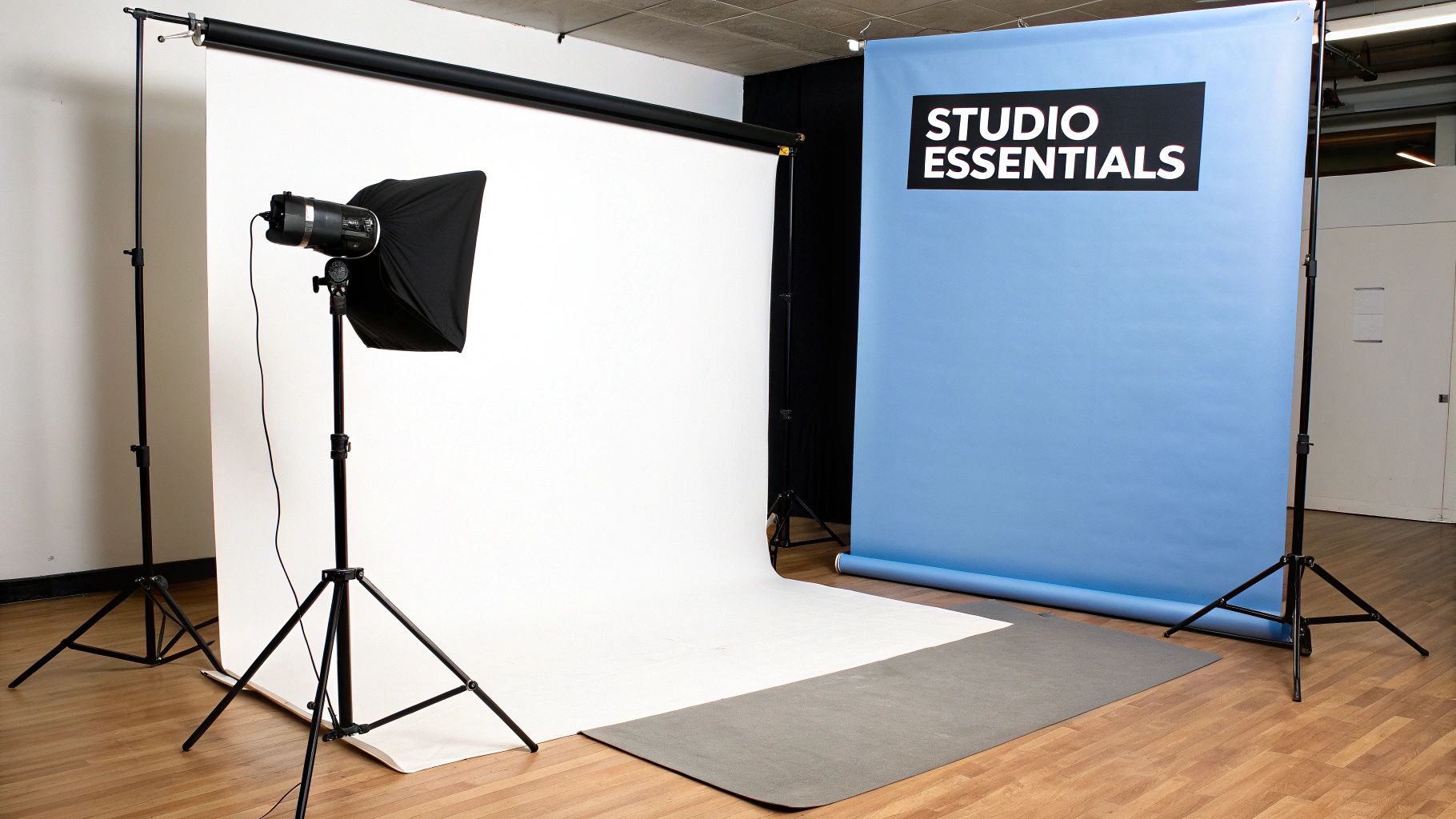 Professional photography studio setup with white and blue backdrops, lighting, and stands.