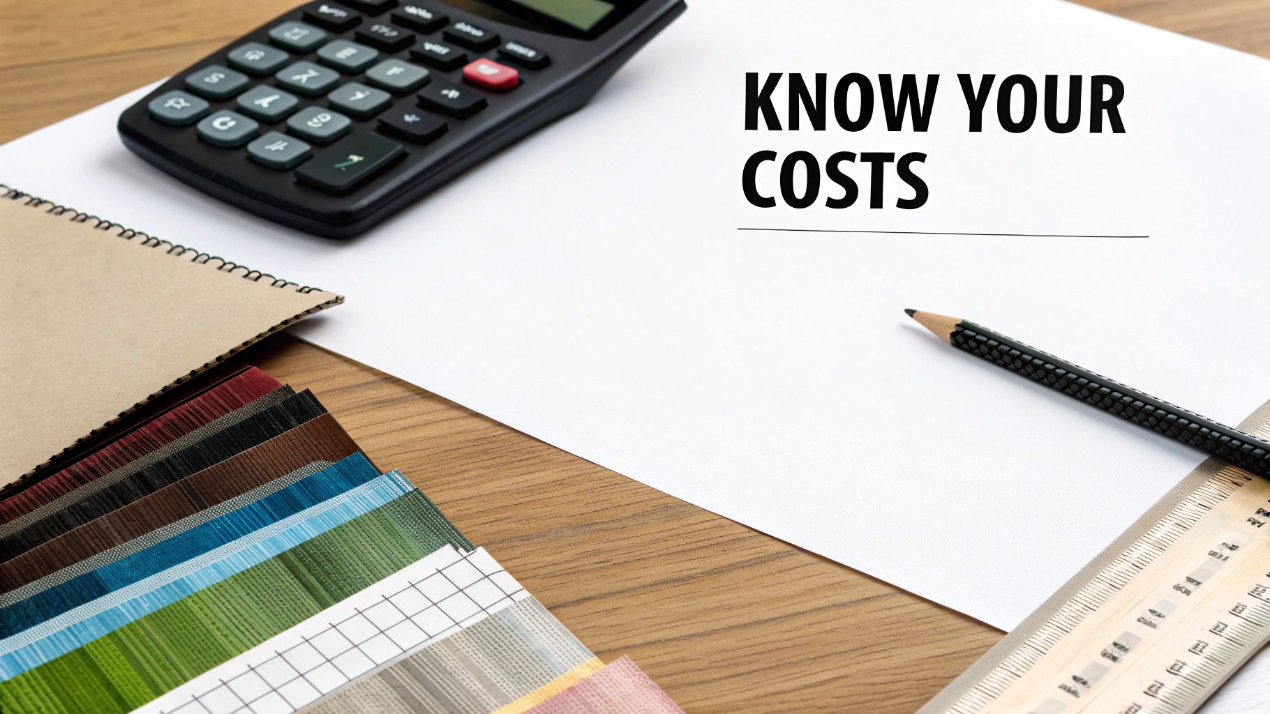 A desk with a calculator, fabric samples, pencil, ruler, and a note 'KNOW YOUR COSTS'.