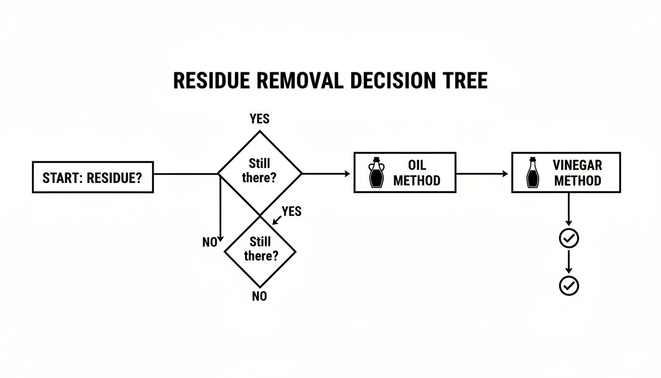 A black and white decision tree flowchart illustrating methods for residue removal.