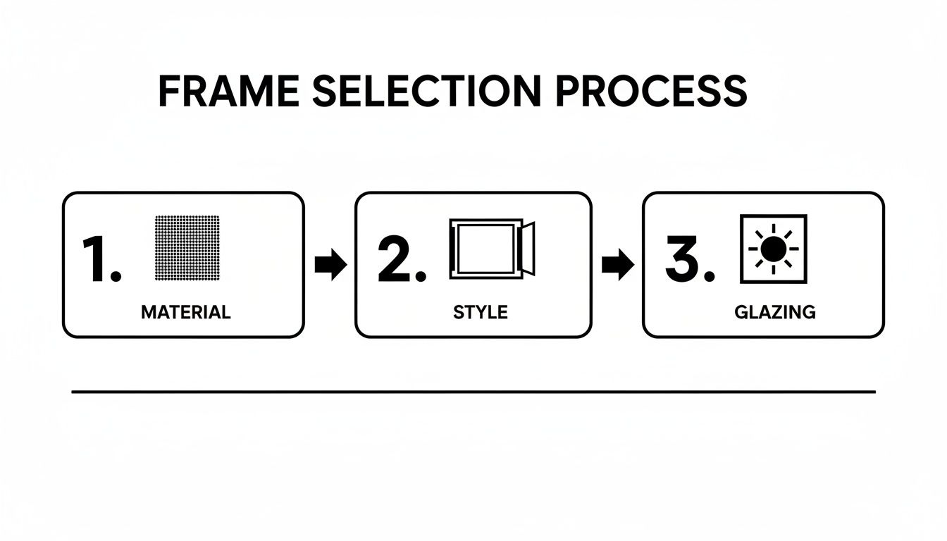 A visual guide illustrating a three-step frame selection process for material, style, and glazing.